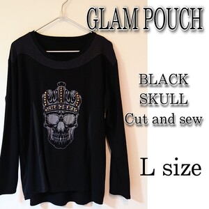 ☆GLAM POUCH スカル ドクロ チュニック カットソー ブラック スタッズ ビジュー付き 髑髏 異素材切り替え パンク クラウン 王冠 SKULL