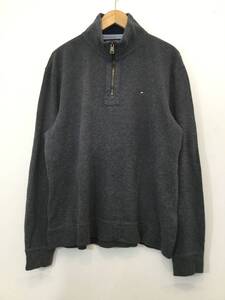 TOMMY HILFIGER トミーヒルフィガー コットンニット セーター ハーフジップ ニット 胸ロゴ メンズL グレー 良品綺麗 