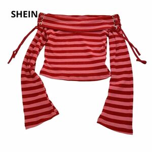 1円スタート〜(b10)SHEIN ストライプ　オフショルダー　ピンク　レッド　リボン