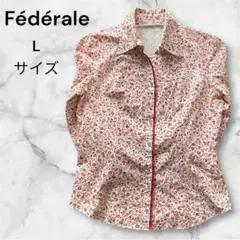 Fédérale フェデラル 赤の花柄シャツ レディース Lサイズ　七分丈