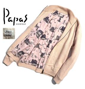 最高級【定価5万】Papas パパス アンゴラ ニットジャケット L(50) ゴルフプリント ウール 日本製【着心地抜群の一着】ダブルジップ ロゴ