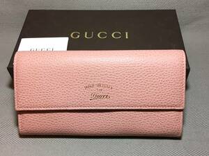 新品 本物 グッチ レザー 2つ折り 長財布 ピンク GUCCI ロゴ 革