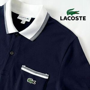 (美品) ラコステ LACOSTE ストライプリブ ストレッチ ポロシャツ 3 (M) ネイビー ホワイト 半袖 シャツ PH4801