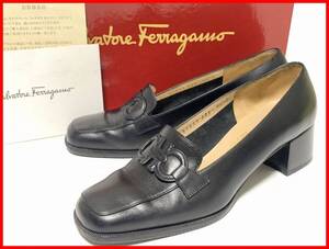 即決 Salvatore Ferragamo フェラガモ 6.5≒23.5cm パンプス 黒 ブラック レザー レディース jcu