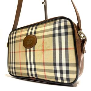 美品●1円●Burberry バーバリー ショルダーバッグ ノバチェック シャドーホース レザー ホースロゴ ブラウン メンズ カメラバッグ 