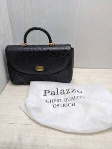 送料無料S88009 Palazzo パラッツォ オーストリッチ レザー ハンドバッグ ショルダーバッグ 2way ターンロック ゴールド金具 黒