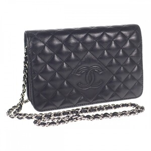 【中古】【ABランク】シャネル CHANEL ダイヤココマトラッセ チェーンウォレット A80699 長財布 ラムスキン ブラック シルバー金具