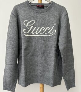 GUCCI グッチ ロゴ文字 クルーネック プルオーバー 長袖 セーター メンズ ニット グレー size M