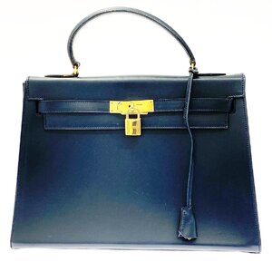 【1円スタート】HERMES エルメス ケリー32 ボックスカーフ 〇G刻印 ゴールド金具 ネイビー ハンドバッグ 384915