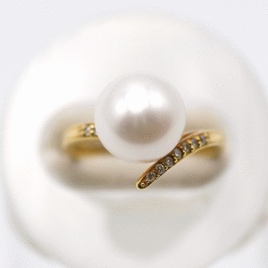 パールリング 真珠　ホワイト系 11mm K18 ダイヤモンド入り 8号サイズ レディース ジュエリー アクセサリー 研磨仕上げ済み 中古