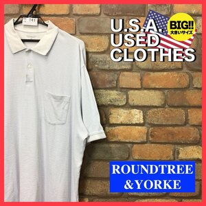 ME13-041★USA直輸入★BIGサイズ【ROUNDTREE&YORKE】細ボーダー 胸ポケット付 半袖 ポロシャツ【メンズ XL】白 アメカジ ビジネス ゴルフ