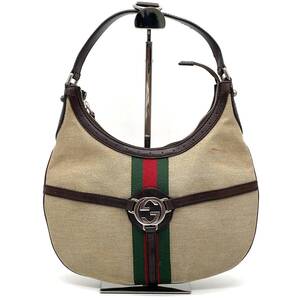 1円 良品 GUCCI グッチ インターロッキングG シェリーライン キャンバス レザー ワンショルダーバッグ ホーボー 肩掛け 114869