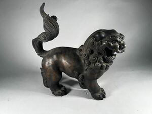 古銅唐獅子、重13.5kg、保存箱入、明治頃銅製品、古美術品置物 金属工芸 縁起物