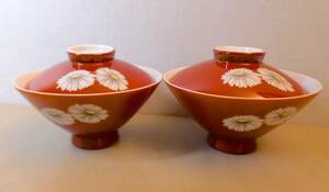 【USA★NORITAKE★ノリタケ★ヴィンテージ】蓋付き茶碗★ペア2個セット★朱赤★白菊★Nippon Toki Kaisha