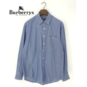 A9686/ビンテージ 80s 美品 春夏 BURBERRY バーバリー コットン ストライプ 長袖 ドレス カッター YシャツL XL程 水色 メンズ 大きいサイズ