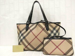 ◆美品◆BURBERRY バーバリー◆ノバチェック◆PVC エナメル パテント レザー 本革◆トート バッグ◆ベージュ ブラック シルバー金具◆A8398