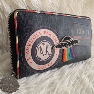 【激レア 美品】GUCCI グッチ 長財布 ナイトクーリエ GGスプリーム UFO ワッペン 刺繍 ロングウォレット ジッピーウォレット ラウンド 黒