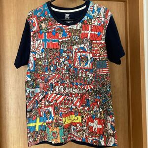 古着 ビンテージ Tシャツ 半袖 総柄 ネイビー グラニフ M ウォーリーをさがせ 絵本 キャラクター イギリス ネイビー 紺