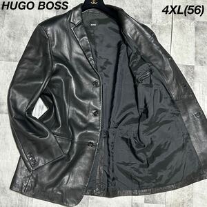 美品【超希少★4XL/XXXXL/56】ヒューゴボス HUGO BOSS ラム レザー 羊革 テーラード ジャケット ブレザー 黒 ブラック メンズ シープスキン