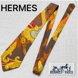 ■美品■希少デザイン■HERMES エルメス　ネクタイ　カレ風　スカーフ柄　黄金装飾　総柄　シルク100% フランス製　マルチカラー