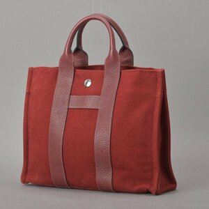 1円 極美品 エルメス HERMES サックアーネPM ハンドバッグ レザー トワルアッシュ キャンバス レッド ボルドー トートバッグ 鞄 Mb.c