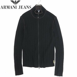 ◆ARMANI JEANS アルマーニ ジーンズ ウール リブニット Wジップ カーディガン 黒 ブラック×ダークブラウン XL