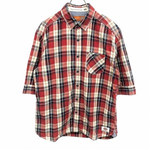 ディッキーズ Dickies シャツ 5分袖 チェック 胸ポケット 裾にロゴパッチ レギュラーカラー 綿100% L レッド 赤×紺×生成り×茶 メンズ