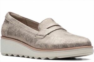 Clarks 27cm ウエッジ ローファー スエード レザー 革 Pewter ソフトメタリック フラットソール ヒール スリッポン パンプス バレエ AA94