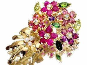 【ジュエリー極】豪華な花束！良質天然マルチカラー宝石3.30ct/2.01ct＆ダイヤ0.18ct 高級K18YGブローチ兼ヘッド k8514zl【送料無料】