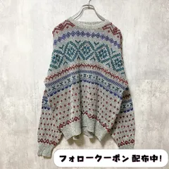 古着 used　長袖総柄ニット　セーター　ビックシルエット　クルーネック　ジャガード　秋冬服　マトンスリーブ