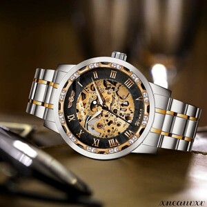 高級感のある 腕時計 機械式 手巻き ゴールドブラック メンズ 高品質 おしゃれ アナログ 男性 腕時計 ウォッチ プレゼント
