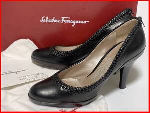 即決 Salvatore Ferragamo フェラガモ 5≒22cm パンプス 黒 ブラック レディース F