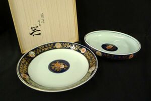 O1423 新品未使用 有田焼 年木谷清右エ門窯造 金彩色絵 牡丹文 大皿 大鉢 二客 茶器 茶道具 伝統工芸/100