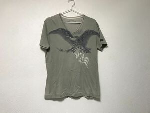 本物リプレイREPLAYマエストロMAESTROコットンバードプリントVネック半袖TシャツメンズサーフアメカジミリタリーグレーLチュニジア製