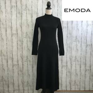 EMODA　エモダ　リブハイネックマキシニットワンピース　Fサイズ　ブラック　Aラインシルエット　S10-392　USED