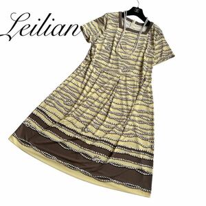 新品同様★レリアン Leilian プラスハウス★大きいサイズ13+ XL★きれい色イエロー 大人エレガントワンピース ロープ柄 夏コーデ お出かけ