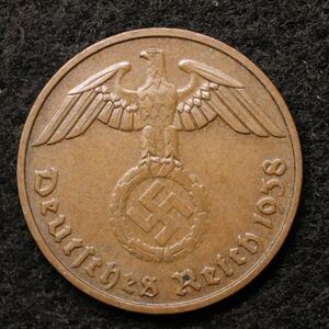 KM#90【ナチス鉤十字】ドイツ第三帝国 2ライヒスペニヒ銅貨（1938）ミュルデンヒュテン製造[1200]コイン