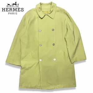 40 国内正規品 VINTAGE HERMES エルメス ダブルブレスト チェスターコート Chesterfield Long Coat ロゴボタン 46 フランス製 黄緑色