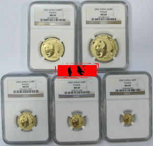 【記念貨幣】2002年 ゴールド パンダ 金貨 20/50/100/200/500元 5枚セット NGC MS69 準最高鑑定 CHINA GOLD PANDA COIN COLLECTION★X97