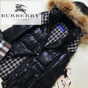 b9 超美品【リアルファー付属】参考価格14万●BURBERRY BLUE LABEL●高級ファーダウン80% コート バーバリーコート レディース M