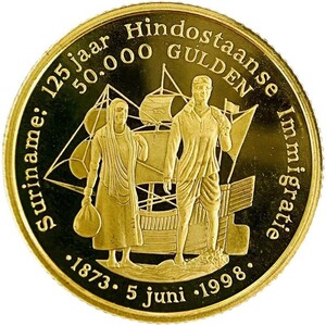 ヒンズー教徒入植125年 50000グルデン金貨 スリナム 1998年 7.9g 22金 1/4オンス コイン イエローゴールド コレクション Gold