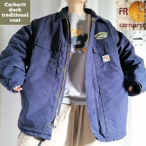 古着 00s 2013年製 Carhartt カーハート 企業刺繍 ダックジャケット トラディショナルコート ワークジャケット ネイビー 紺色 メンズXL 736