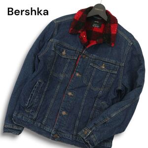 Bershka ベルシュカ 秋冬 【裏ボア ブロックチェック】 デニム ランチ ジャケット Gジャン Sz.S　メンズ　A4T12135_B#N