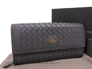 1円 ■極美品■ BOTTEGA VENETA ボッテガヴェネタ イントレチャート レザー 二つ折り 長財布 ウォレット 小銭入れ ブラウン系 FG4009