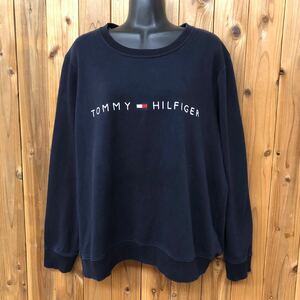 TOMMY HILFIGER＊トミーヒルフィガー レディースXL 長袖 スウェット トレーナー トップス ロゴ刺繍 ネイビー 裏起毛 カジュアル 古着