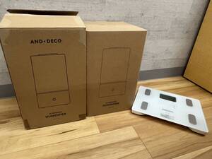 #10821A アンドデコ AND・DECO モダンデコ MODERN DECO 超音波加湿器 3.0L HTJS-002J-WH 未使用+オムロン OMRON 体重計 HBF-212 動作確認OK