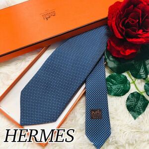 6 HERMES エルメス ネクタイ 紳士 男性 ビジネス 結婚式 H柄　総柄 ブルー 新品未使用