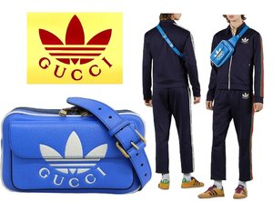 35万新品◆グッチ GUCCI×adidas GUCCIロゴ×アディダストレフォイル レザーボディバッグ ライトブルー青 1円