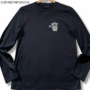 極美品/Lサイズ●エンポリオ アルマーニ 長袖Tシャツ ロンT クルーネック EMPORIO ARMANI ストレッチ 胸元キャラクター イーグルロゴ