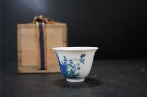 D4833-2 中国古陶磁 粉彩花卉詩文杯 煎茶碗 清朝